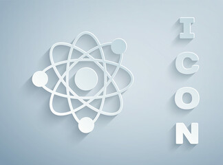 Canvas Print - Paper cut Atom icon isolated on grey background. Symbol of science, education, nuclear physics, scientific research. Paper art style. Vector