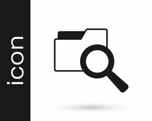 Poster - Black Search concept with folder icon isolated on white background. Magnifying glass and document. Data and information sign. Vector