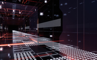 Wall Mural - Digital cyberspace, sci-fi concept tunnel, 3d rendering.