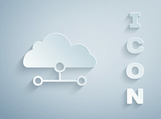 Canvas Print - Paper cut Network cloud connection icon isolated on grey background. Social technology. Cloud computing concept. Paper art style. Vector