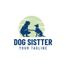 Human And Dog Silhouette Vector Design Logo Under The Moon, Dog Sitter, Dog Lover Illustration.