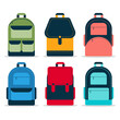 Set of backpack or school bag of different forms and colours. Vector illustration of education objects for pupils and students such as rucksack, haversack or satchel to go at school or college.