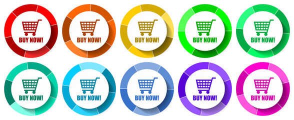 Poster - Buy now icon set, shop flat design vector illustration in 10 colors options for mobile applications and webdesign