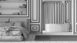 Blueprint unfinished project draft, classic bathroom and bedroom. Bed and carpet, arched walls with curtains and bathtub. Molded walls, parquet. Neoclassic interior design, close up