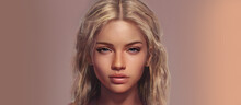 Portrait Of A Beautiful Young Blonde Girl. Close-up, Female Face, Beauty, Sketch. 3D Illustration.
