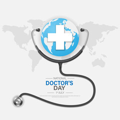 Wall Mural - National doctor's day banner or poster template design with stethoscope and planet. vector illustration.