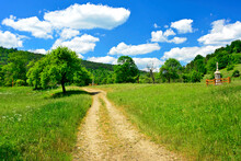 Green Fields, Rural Road, Wayside Shrine And Mountains Summer Landscape, Nieznajowa, Low Beskids, Poland