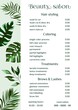 Vector Illustration sticker business card for beauty salon with pricelist and special offer opening hours and phone number for reservation decorated with botanical art texture. A4 printable template