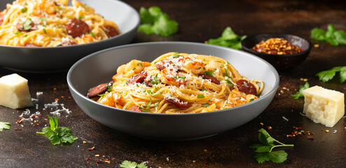 Wall Mural - Prawn and chorizo pasta with cheese and herbs