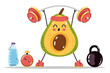 Sporty avocado character making exercise in gym composition. Vector flat graphic design element illustration