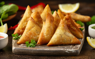 Wall Mural - Fried samosas with vegetable filling, popular Indian snacks on wooden board