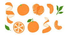 Peeled Tangerine Or Mandarin Icons Set. Whole Fruit, Half, Slices And Leaves Isoleted Cliparts. Exotic Tropical Orange Citrus Fruit Drawing
