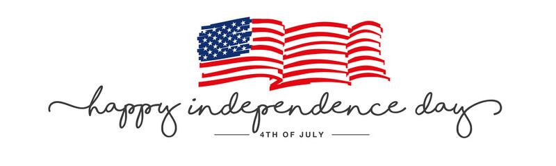 Wall Mural - Independence Day Happy 4th of july handwritten typography calligraphy USA abstract wavy long drawn flag white background