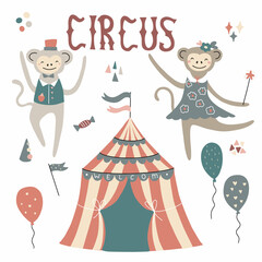 Set of circus animals and elements. Vector illustration isolated on white background for your design