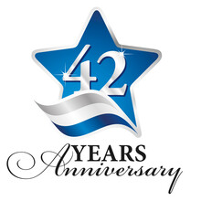 42 Years Anniversary Isolated Blue Star Silver White Blue Flag Ribbon Logo Icon