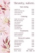 © Viktoriia - Vector Illustration sticker business card for beauty salon with pricelist and special offer opening hours and phone number for reservation decorated with botanical art texture. A4 printable template