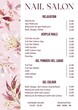 © Viktoriia - Vector Illustration sticker business card for nail salon decorated with botanical art texture with pricelist and special offer. A4 printable template