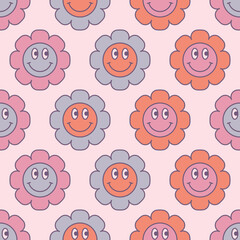 Wall Mural - Cute flower power seamless pattern. Decorative retro minimal style smiling plants floral background.