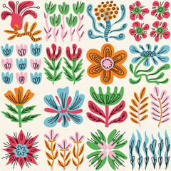 Wall Mural - set of creative artistic hand drawn floral elements. cute trendy doodle nature seamless background.