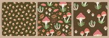 Set Of Hand-drawn Seamless Patterns With Wild Mushrooms And Autumn Leaves. Colorful Seasonal Illustration For Paper And Gift Wrap. Fabric Print Design. Creative Stylish Background.