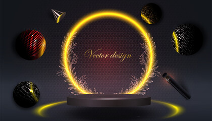 Wall Mural - design presentation with flying bright balls around the podium in a neon ring with a wreath of leave