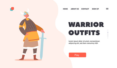 Wall Mural - Warrior Outfit Landing Page Template. Funny Boy in Suit of Scandinavian Warrior, Barbarian Soldier in Horned Helmet