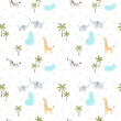 Cute seamless pattern with African animals and nature. Elephants, giraffe, zebra, palm trees, lake. Cartoon vector background