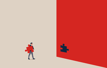 Wall Mural - business solution with businessman completing puzzle. symbol of success, creativity.