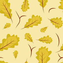 Hello September Autumn Pattern Vector Background Oak Leaves, Mushrooms