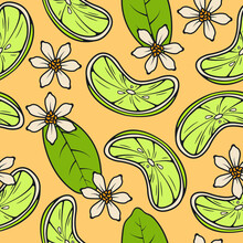 Lime Seamless Pattern. Green Citrus Slices, White Flowers, Leaves. Hand Drawn Doodle Style. Tropical Fruit Art For Fabric, Package Design, Menu, Wallpaper, Wrapping Paper. Isolated Vector Illustration