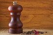 Wooden brown grinding salt and pepper shaker on wood with colored peppercorns
