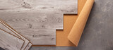 Fototapeta Desenie - Wood laminate background on floor texture. Wooden laminate heap top view