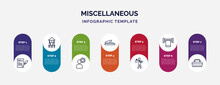 Infographic Template With Icons And 7 Options Or Steps. Infographic For Miscellaneous Concept. Included Will, Granary, Thinking Solutions, Puncher, Refugee, Towel Rack, Cleaning Brush Icons.