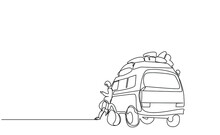 a retro old camping and vacation travel car and a person waiting coolly outside