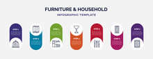 Infographic Template With Icons And 7 Options Or Steps. Infographic For Furniture & Household Concept. Included Bird Cage, Room Divider, Cabinets, Glassware, Silverware, Rug, Mattress Icons.
