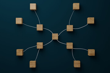 Wooden blocks connected to each other. Concept of interconnected elements, information flow.