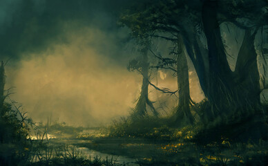 Wall Mural - Dark fantasy forest. River in the forest with stones on the shore. Moonlight, night forest landscape. Smoke, smog, fog. Bridge over river. Fantasy landscape. 3D illustration.