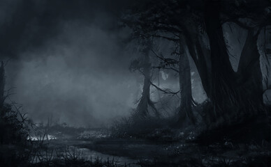 Wall Mural - dark fantasy forest. river in the forest with stones on the shore. moonlight, night forest landscape