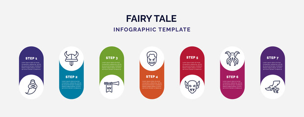 infographic template with icons and 7 options or steps. infographic for fairy tale concept. included genie, viking, fanfare, joker, goblin, cthulhu, gryphon icons.