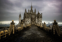 Road Lined With Human Bones Leading To Dark Fantasy Castle With Giant Skull Statue. 3D Render.