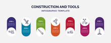Infographic Template With Icons And 7 Options Or Steps. Infographic For Construction And Tools Concept. Included Sanding Hine, Pencil And Ruler, Handsaw, Improvement, Planer, Shovel Fork, Soil