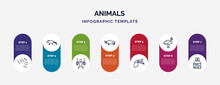 Infographic Template With Icons And 7 Options Or Steps. Infographic For Animals Concept. Included Flock Of Birds, Coati, Trapeze Artists, Coelodonta, Hornbill, Cassowary, Pet Shop Icons.