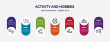 Infographic Template With Icons And 7 Options Or Steps. Infographic For Activity And Hobbies Concept. Included Boggle, Vitamin, Jumping To The Water, Modeling, Exercising, Motorcycle, Arrest Icons.