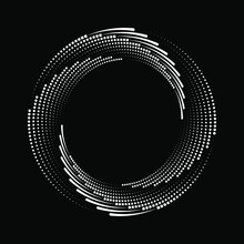 Vector Dotted Speed Lines In Vortex Form. Geometric Art. Segmented Circle. Arc Lines. Trendy Design Element For Frame, Round Logo, Sign, Symbol, Web, Prints, Posters, Template, Pattern, Backdrop