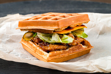 Canvas Print - Belgian waffles with chicken fillet and cucumber. Belgian food