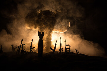 Wall Mural - Creative artwork decoration war on Ukraine. Crowd looking on giant explosion and attacking soldiers.