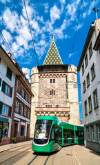 Sticker - Spalentor historic city gate and a tram in Basel, Switzerland