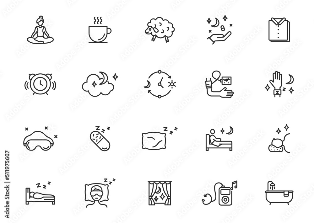Insomnia line icon set. Sleep rest pillow dream vector night dream ...