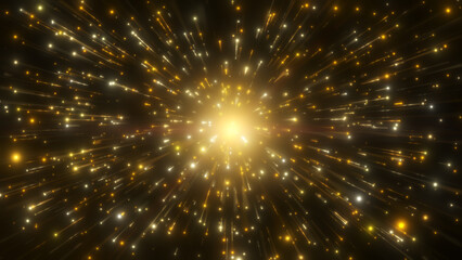 Wall Mural - Abstract yellow gold color light trail creative cosmic background. Explosion, Hyper jump into another galaxy. Speed of light, neon glowing rays in motion.