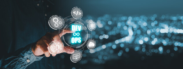 DevOps concept, Man hand touching DevOps icon on VR screen with blue bokeh background, Methodology development operations agil programming technology.concept.